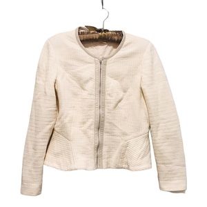 Rebecca Taylor white peplum zippered blazer with 100% lamb skin trim